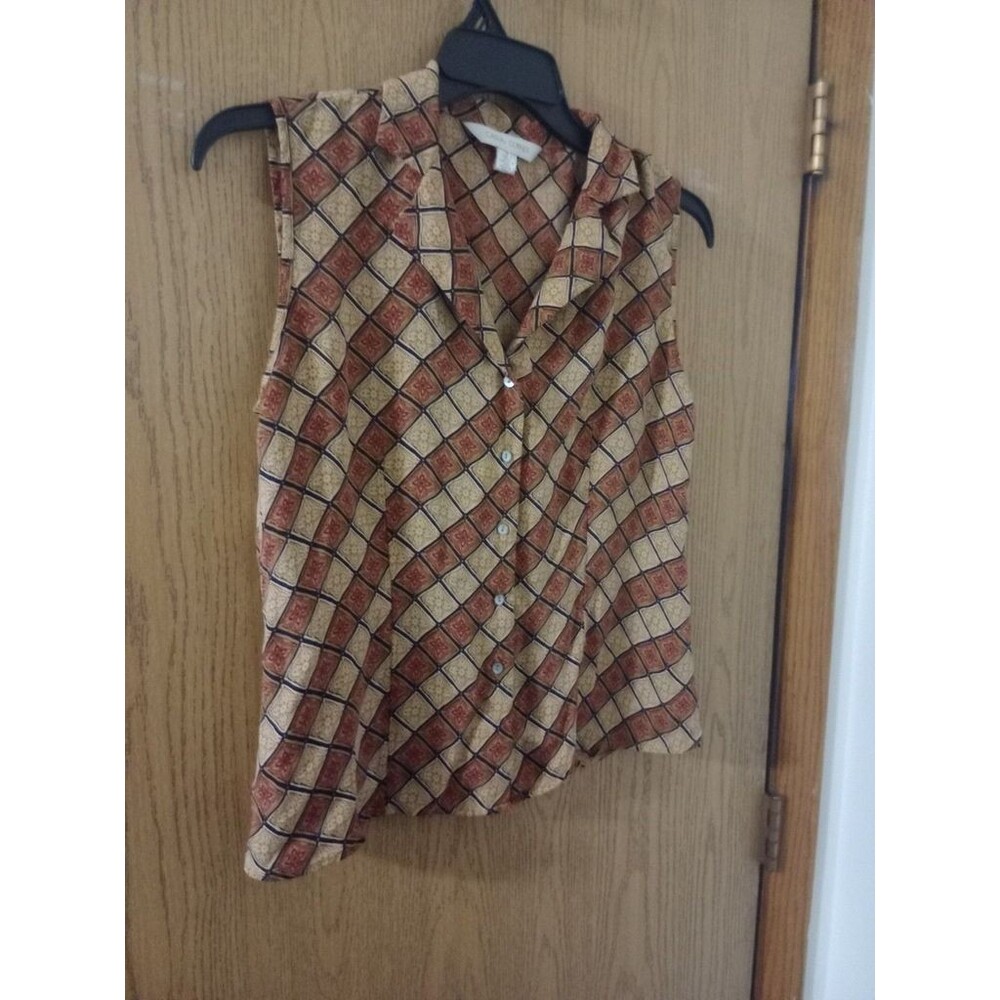 Casual Corner Vtg Sz 12 L 100% Silk Geometric Tan Red Sleeveless Tank Top